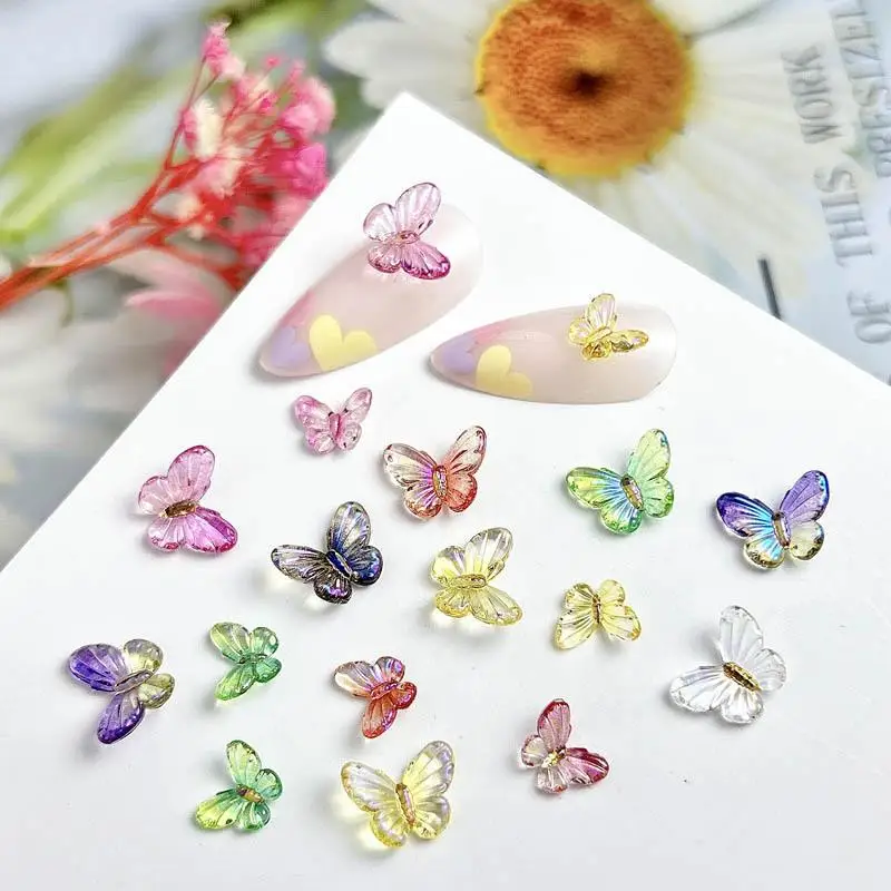3D 그라데이션 컬러 나비 네일 아트 장식, 투명 오로라 시리즈, 송진 동물 네일 참 액세서리, DIY 매니큐어