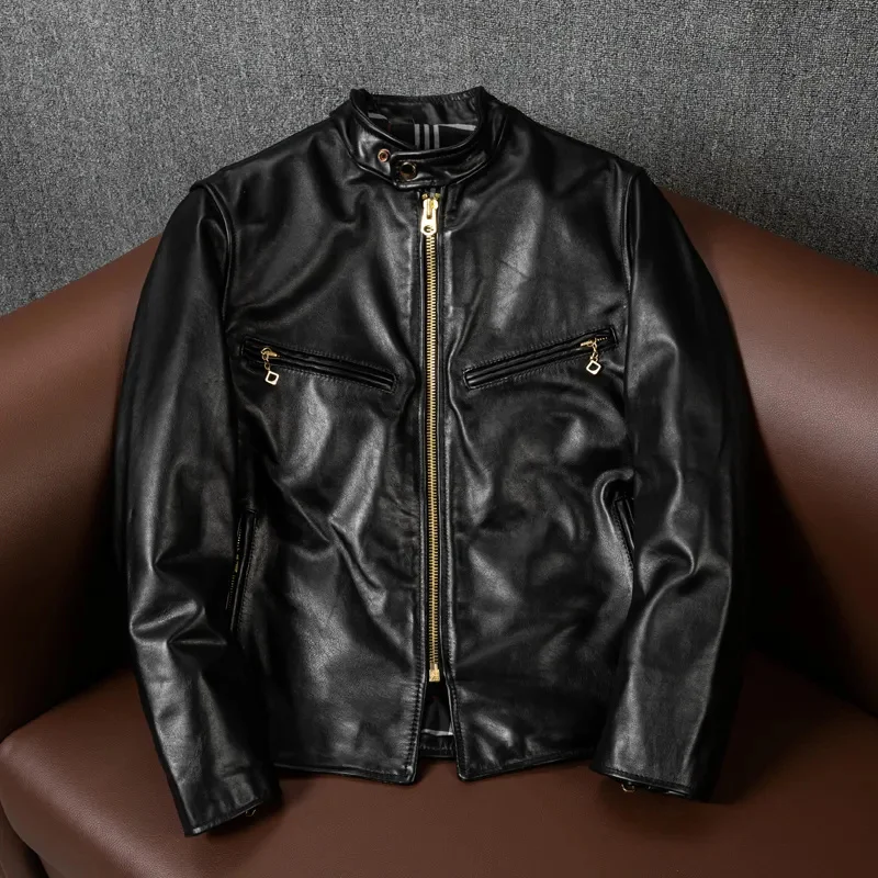 

YR!Free shipping.plus quality short classic J100 moto biker real leather jacket.men black slim rider tea core horsehide coat.