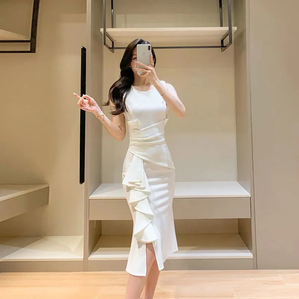Summer New Fashion Korean Style Sleeveless White D...