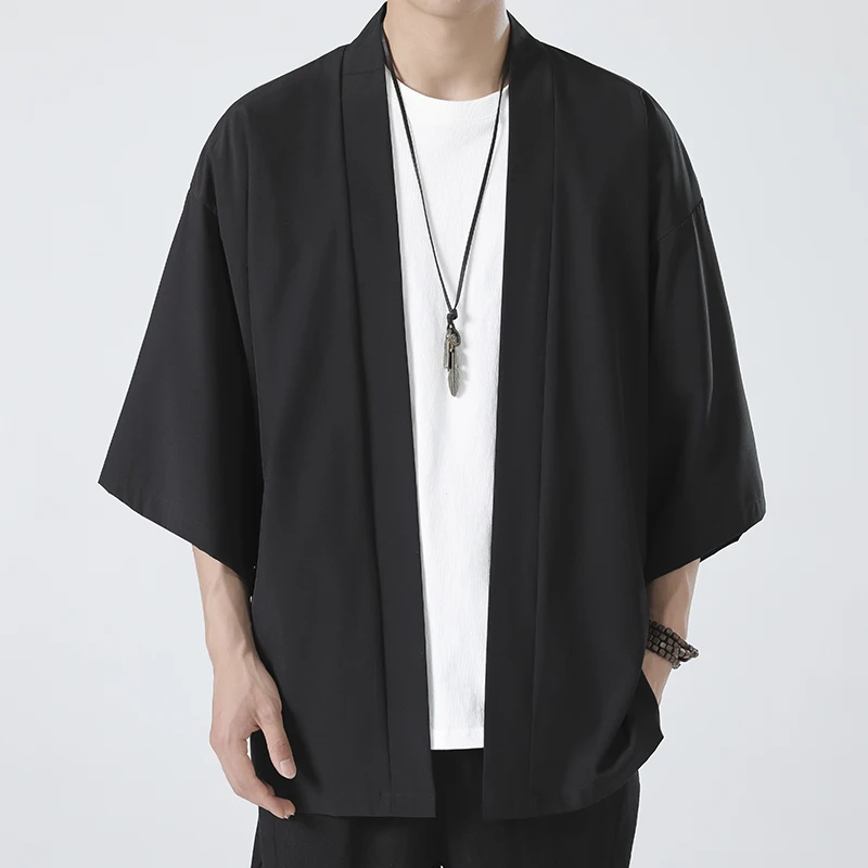 Summer New Men's Lightweight Kimonos Traditional Japanese Clothing Male Open Front Cardigan Cloak Haori Yukata Jacket Coat Black