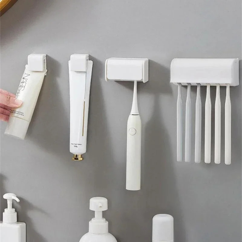 Toothbrush Holder Toothpaste Dispenser Punch-free Wall-mounted Storage Rack Bath Organizer Bathroom Accessories