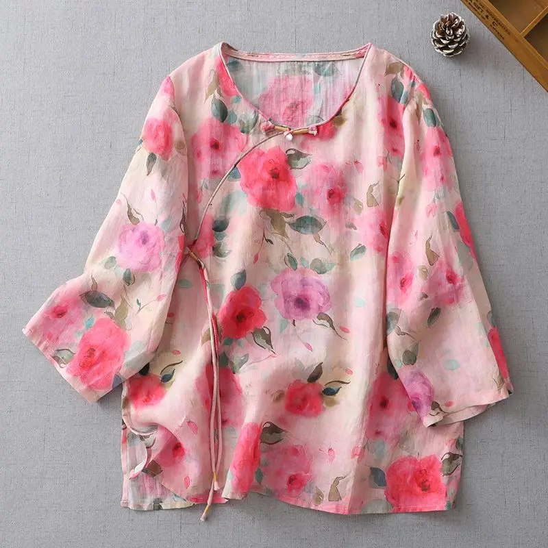 

2023 New Arrival Summer Women Loose Fit Casual Vintage Floral Print O-neck Blouse Three Quarter Sleeve Cotton Linen Shirts P544