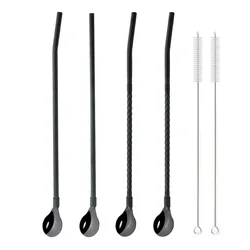 Elegant Silver Stainless Steel Straw Spoon Set - Reusable Mixing and Stirring Accessories with Cleaning Brush (6Pcs Black)