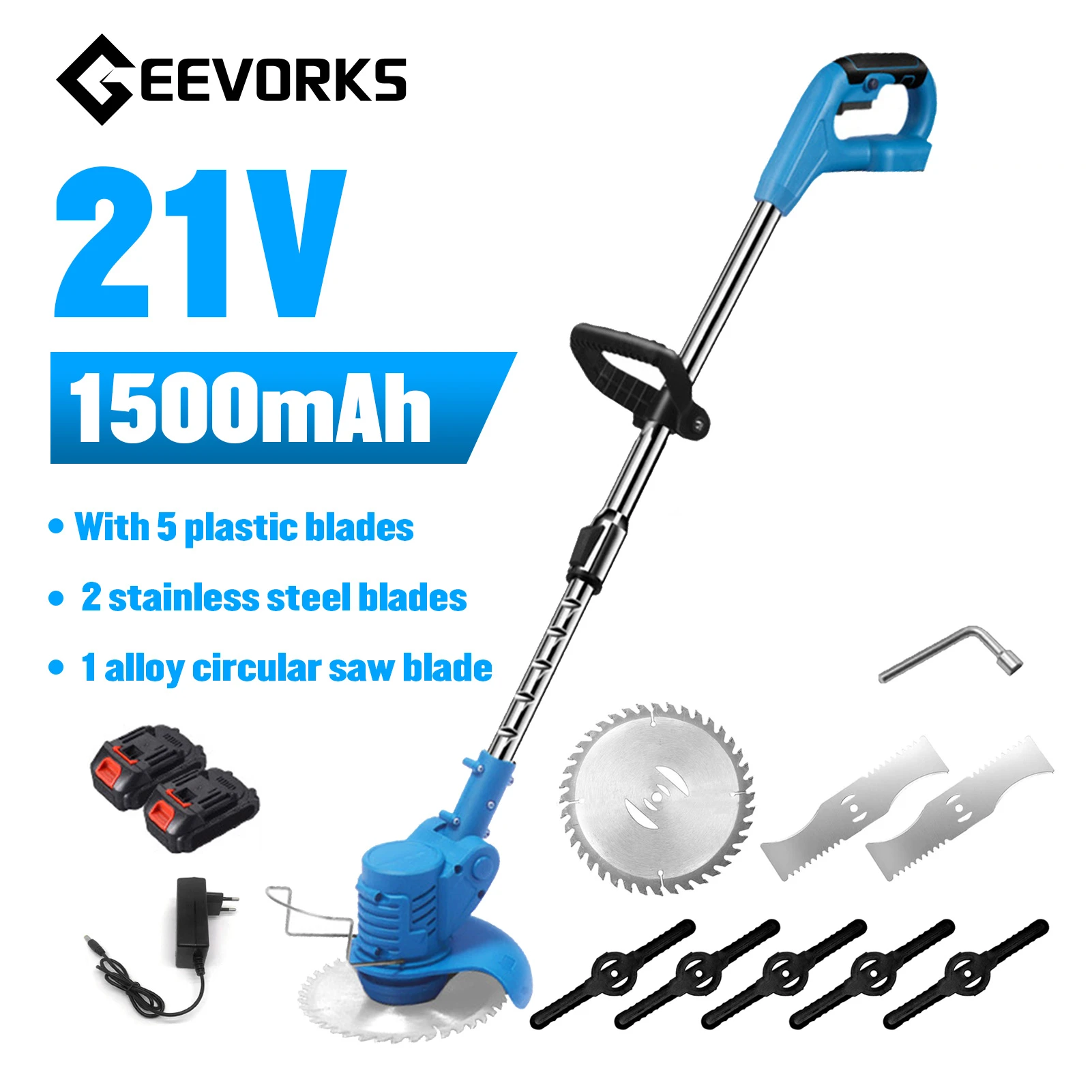 21V 1500W Electric Lawn Mower Cordless Grass Trimmer Length Adjustable