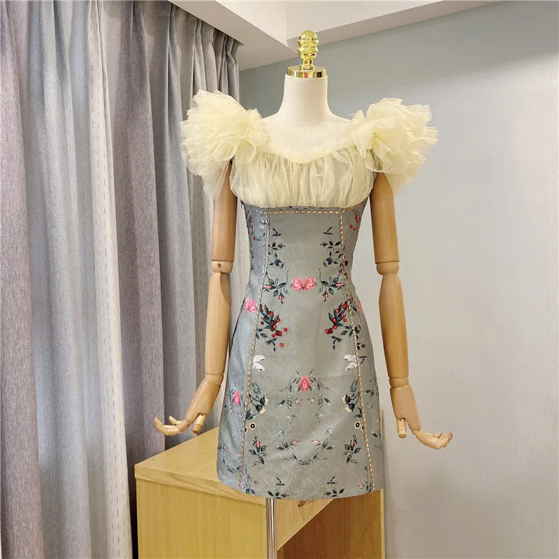 

Advanced Customized Oil Painting Art Sense Retro Mesh Splice 3D Jacquard A-line Dress Girl dresses vestidos mini dress 2024