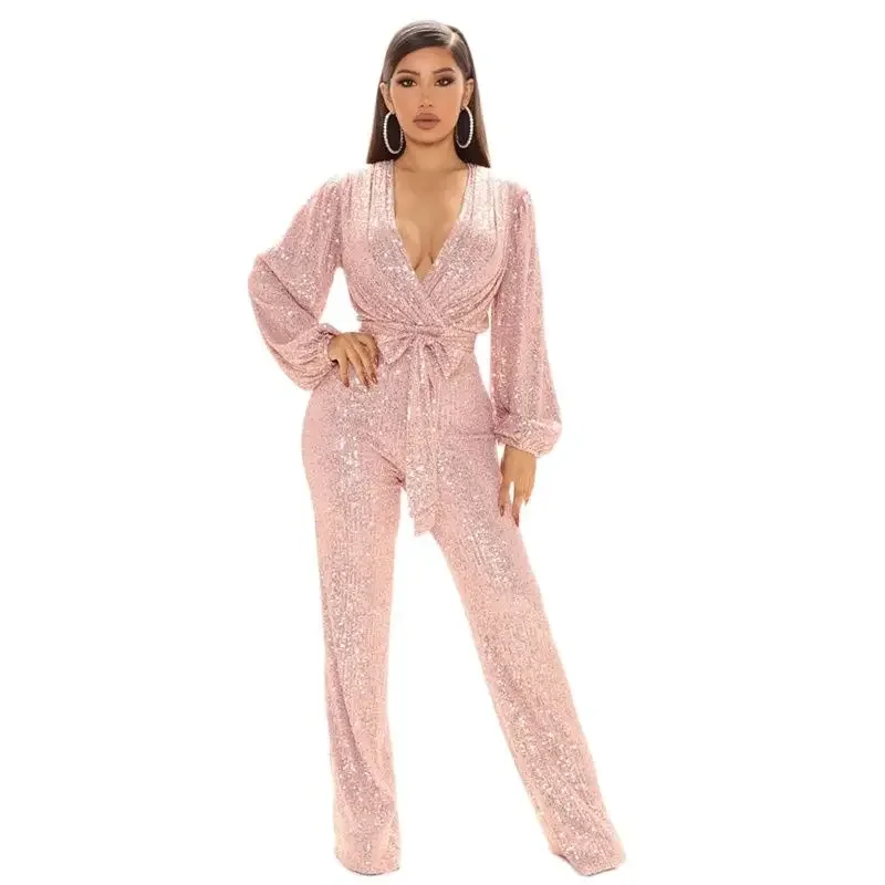 Women Glitter Sequins Splice Jumpsuit Fashion High Waist Lace-up Lantern Sleeves Deep V Neck Rompers Female Commuter Party Wear