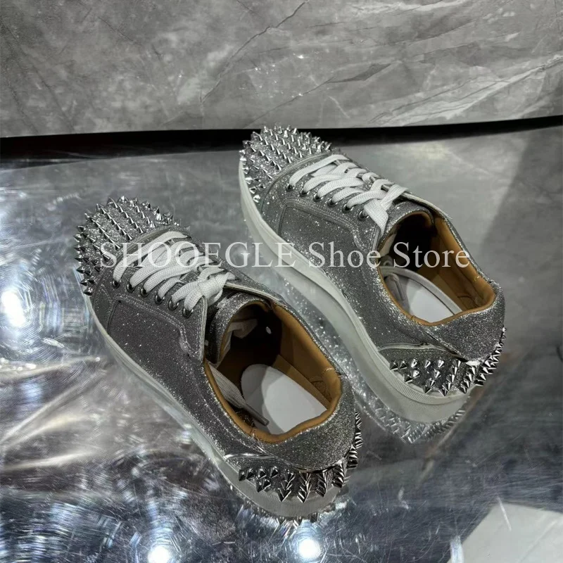 Silver Studded Casual Flats For Men Sneaker Round Toe Lace-Up