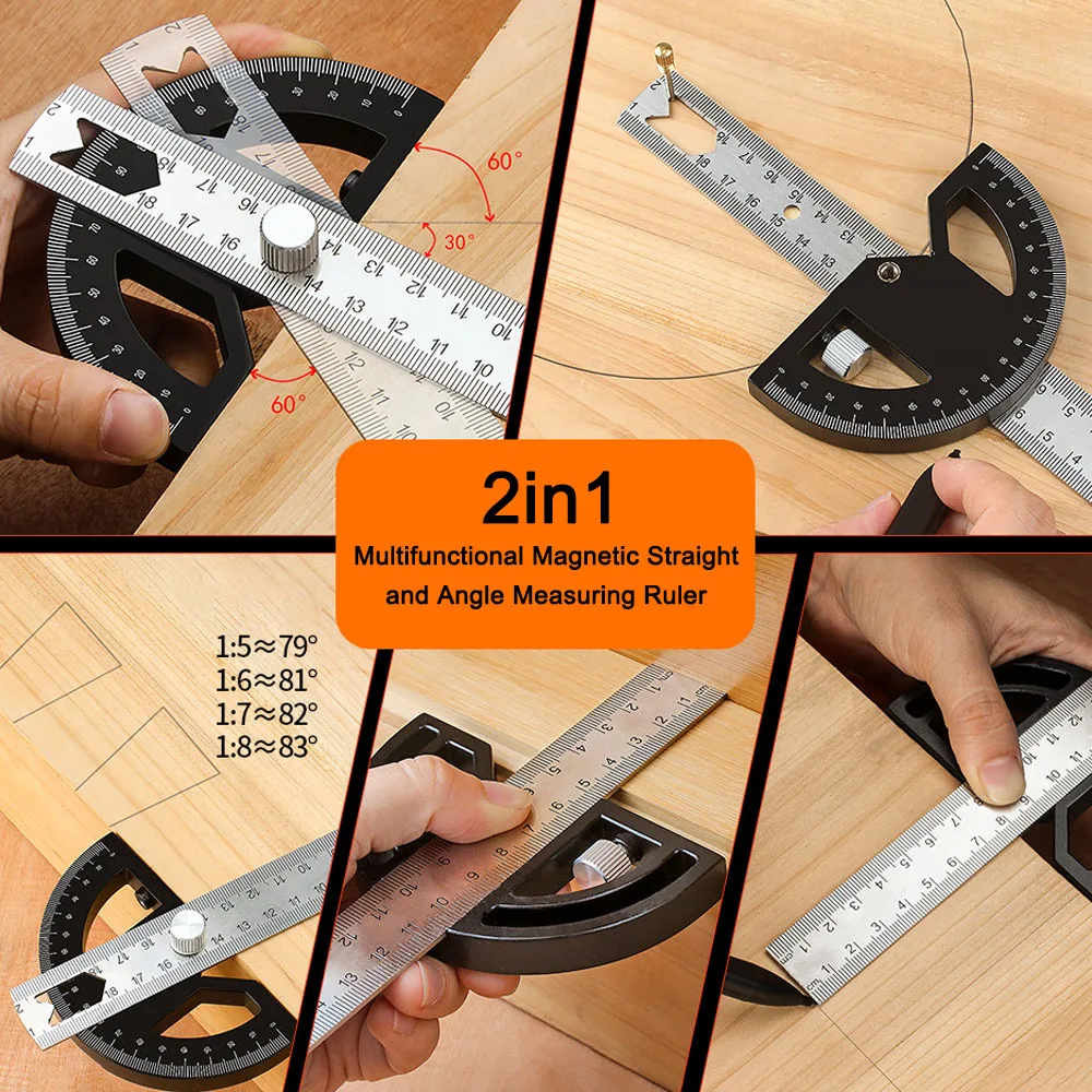 Magnetic Straight and Angle Measuring Ruler Woodworking Scribe Ruler Detachable Angle Gauge Double Scales Free Combi