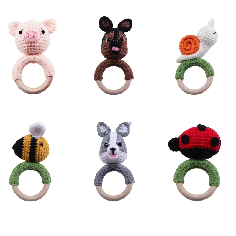 

Baby Wooden Teether Ring DIY Crochet Animal Rattle Infant Teething Nursing Soother Molar for Newborn Shower Gifts
