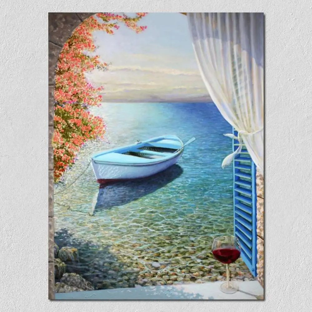 

Hand Painted Canvas Wall Art Oil Painting Boat Seascape Window View Modern Artwork For Office Living Room Home Decoration