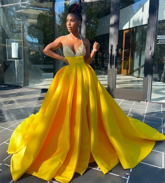 Yellow Halter Long Prom Dress For Black Girls 2023 Beaded Formal Birthday  Party Gowns High Slit Vestidos Longo Robes De Soiree - AliExpress