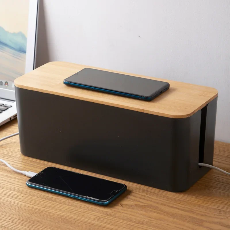 Creative Simple Wire Box Bamboo Wood Cover Cable Management Box Plug Board Storage Box Power Cord Charger Storage