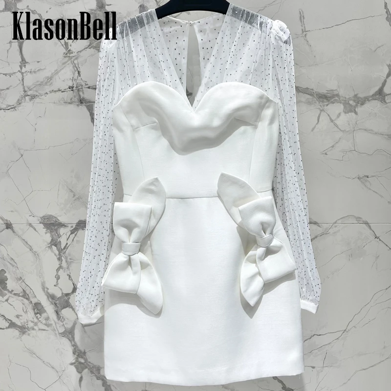 

5.27 KlasonBell Elegant Noble Diamonds Sexy Sheer Mesh Long Sleeve Spliced Collect Waist Dress V-Neck Bow Design Mini Dress