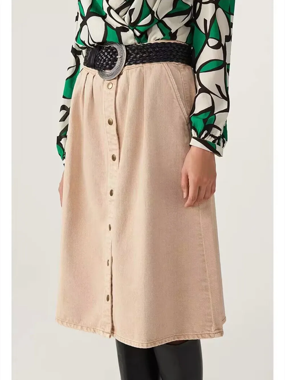 

Summer Vintage Washed Single-Breasted Denim Skirt for Ladies Versatile High-Waisted Female Loose Pleated Mid-Length Jupe