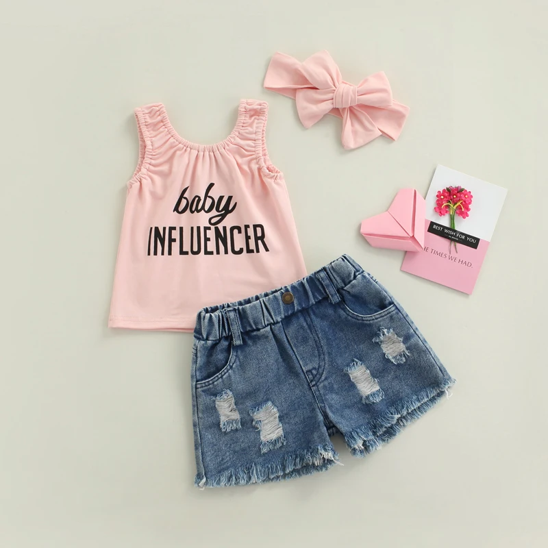 Girl Clothes Set 3PCS Letter Sleeveless Top Denim Shorts Suit Girl Outfits Baby Children Clothing for Kid Cute Toddler Outfit 2