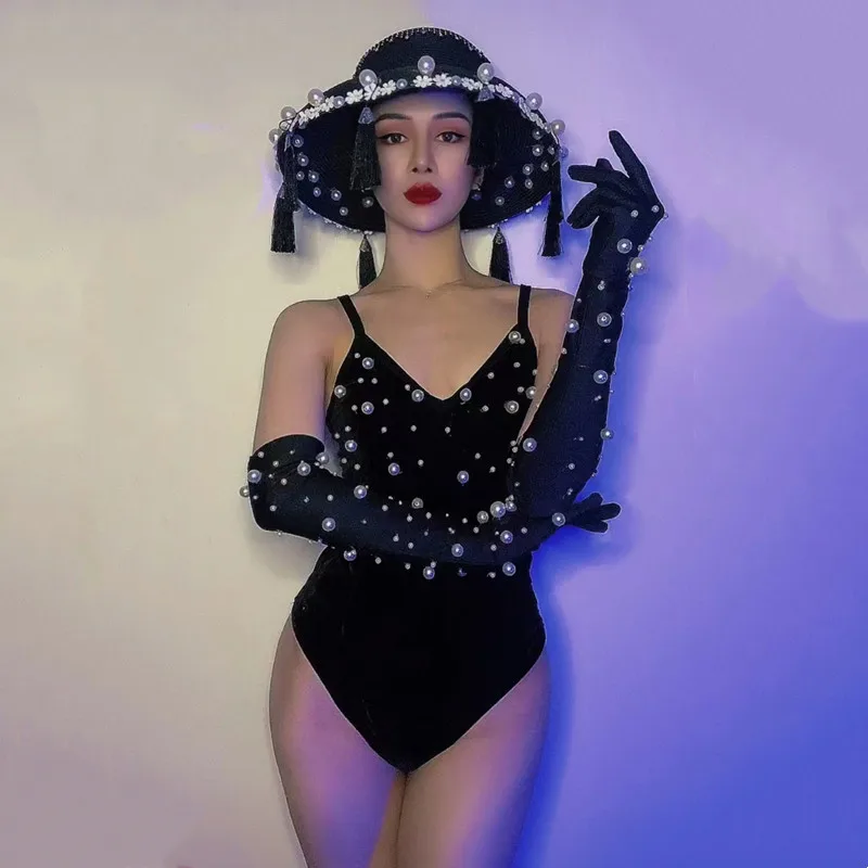 

Women Singer Bar Nightclub Sexy Stage Performance Clothes Black Velvet Pearl Bodysuit Fringe Hat Jazz Dance Costume Party Outfit