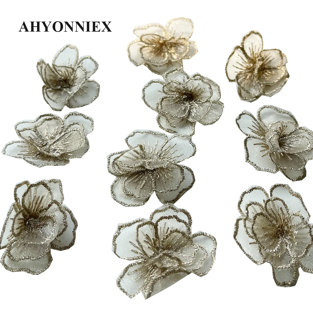 10 teile/los Nähen Auf Spitze Blume Patches Weiß Sub Gold Organza Blume Applikationen für Braut Hochzeit Kleid Kleidung DIY Dekoration – Detail 6