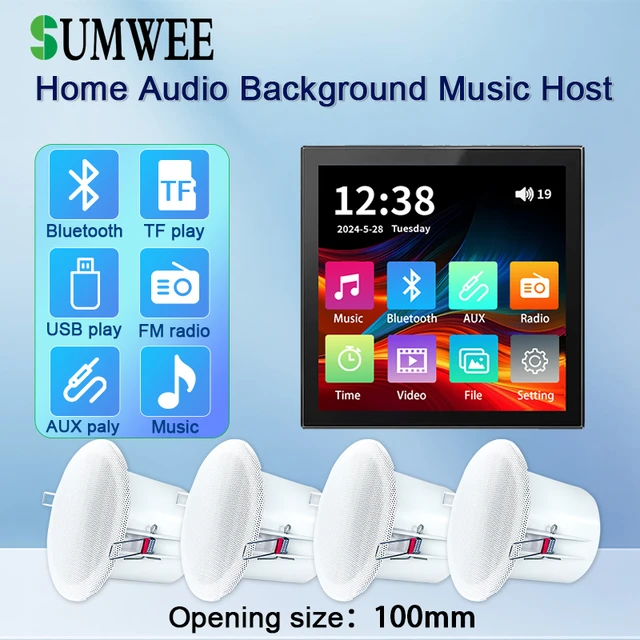 Mini 4 inch Touch Screen 4*25W power Stereo Music Panel System Bluetooths sound in Wall Amplifier Home Audio 8Ω Ceiling Speakers