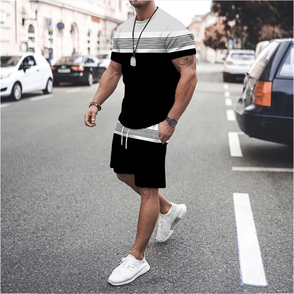 

2023 Summer New 3D Printing Customization Popular Simple Stripes Fashion Retro Street Sportswear T-shirt+Shorts Two Piece Set S