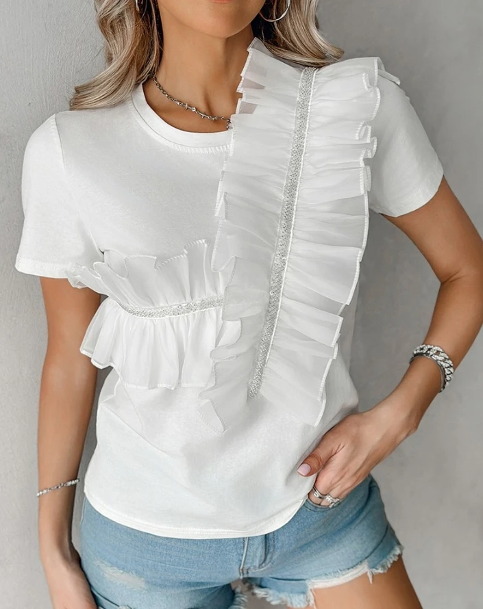 

Женская футболка с оборками на подоле, летняя повседневная футболка с круглым вырезом и коротким рукавом, 2024