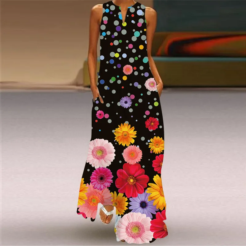 MOVOKAKA Spring Summer Print Long Dress Women Beach Holiday Casual Fashion Elegant Dresses Party Sleeveless V Neck Maxi Dresses