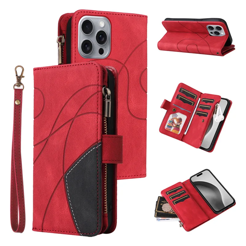 Luxury Zipper Leather Wallet Case with Card Holder and Lanyard