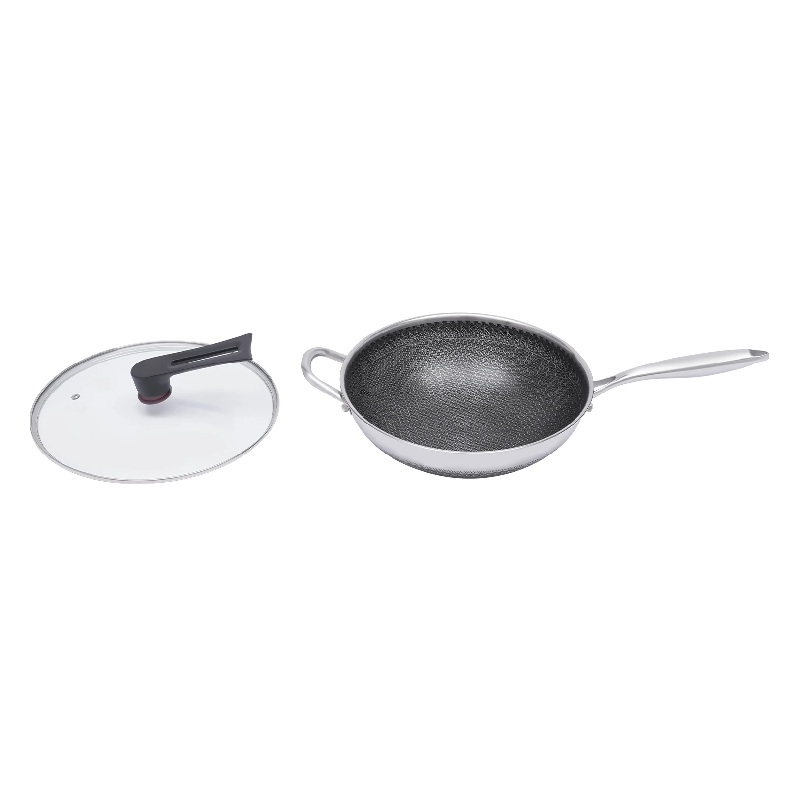 30 x 8,84 cm große Wok-Pfanne aus Edelstahl mit Deckel, Bratpfanne mit Wabenbeschichtung, Bratpfanne für gebratenes Steak, Küchenkochgeschirr – Detail 16