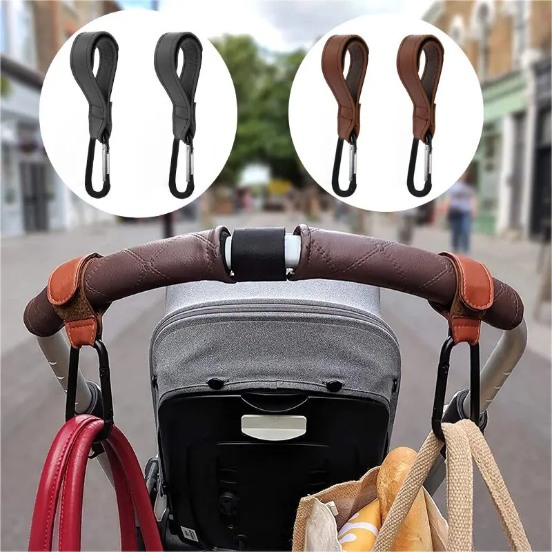 1/2pcs Cow Leather Baby Bag Stroller Hook Pram Rotate 360 Degree Rotatable Velcro Cart Organizer