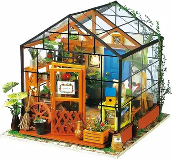 Robotime Mini Green House Cathy's Flower House DIY Dollhouse Wooden Miniature Furniture Kit with LED Best Birthday Gifts 1