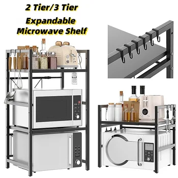 Supporto per microonde espandibile con 6 ganci, ripiano da cucina, organizer da appoggio per portaspezie, utensili, tostapane da forno 1