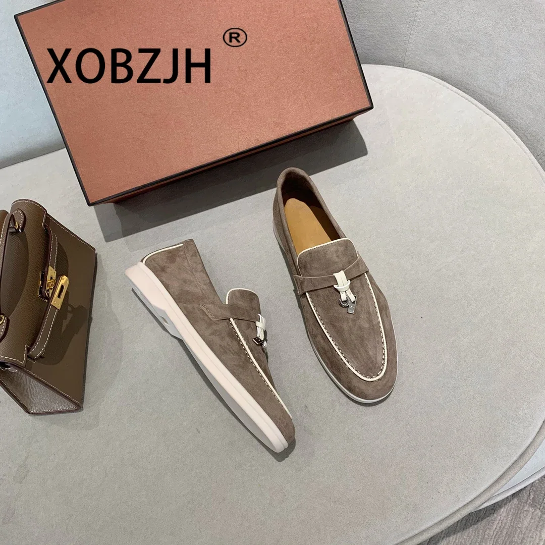 Leather Shoes Moccasines Loafers Summer Walk Shoes Suede Women Spring Autumn Fashion Causal Leather Metal Pendant Flat Shoes Lazy SlipOn Mules