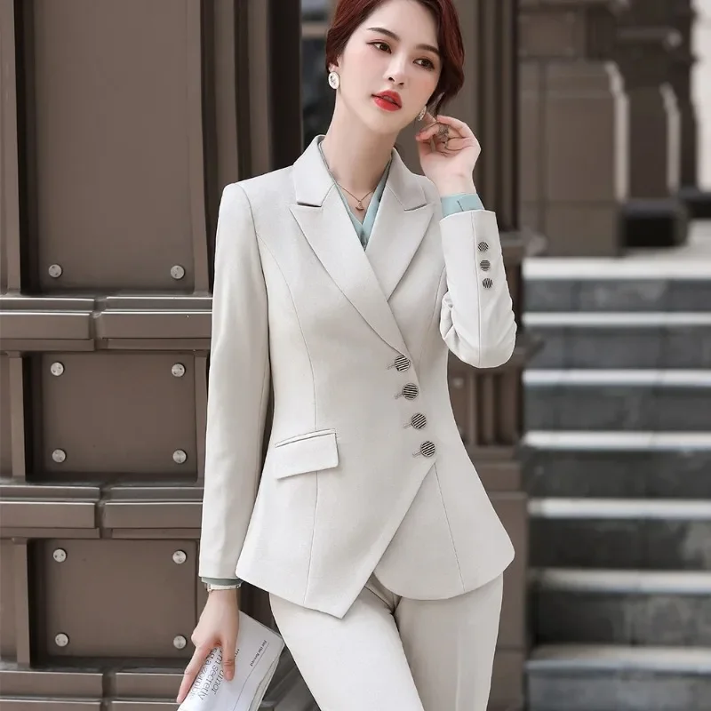 

Women High Quality Asymmetric Formal Pant Suit 5XL Fashion Beige Khaki Blazer 2 Piece Set OL Ladies Winter Jacket With Trousers