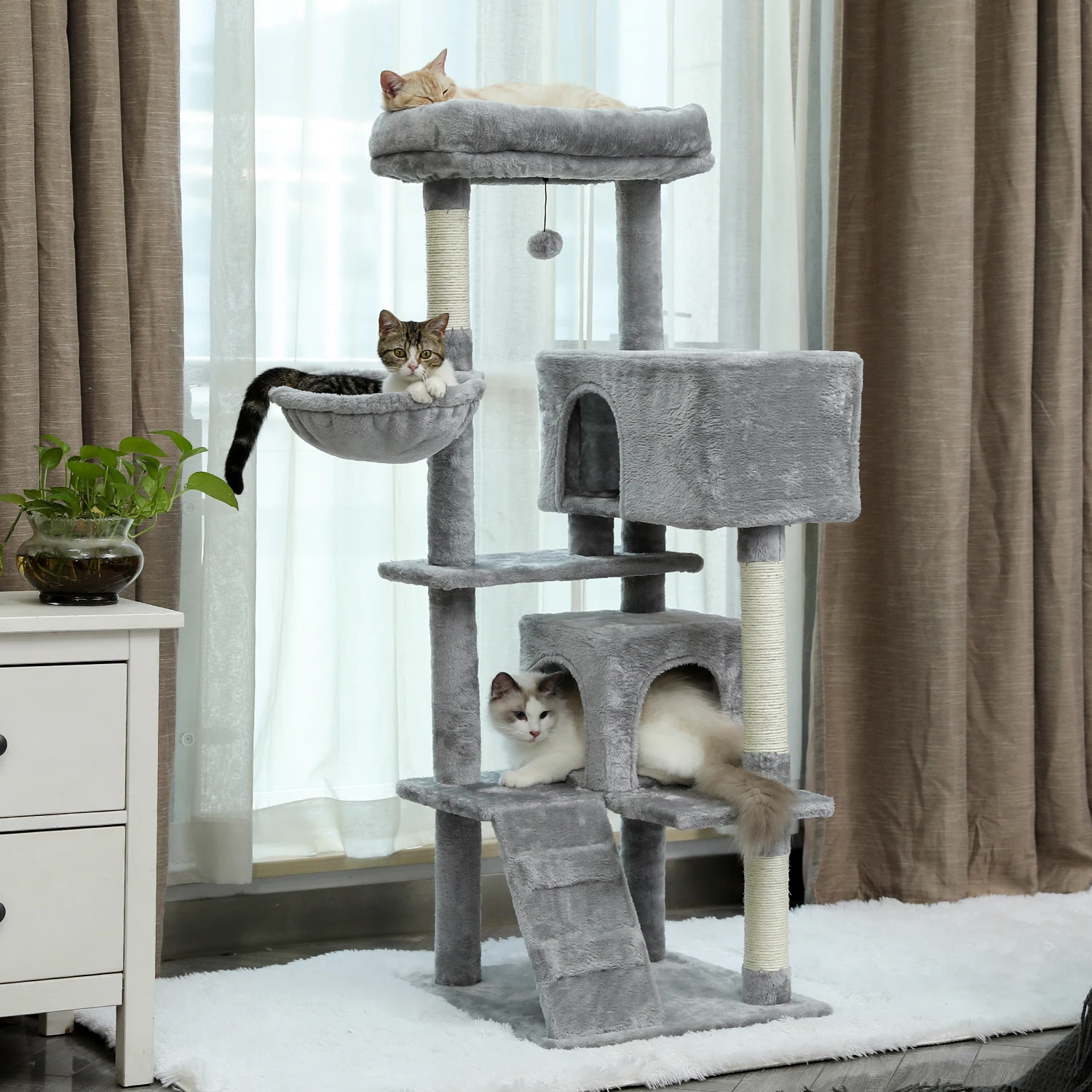 

Extra-Large Perch Cat Tree 143cm High Tower for Big Cats with Cozy Hammock Shelves Pompom Toy Scratching Posts Dual Condo Houses