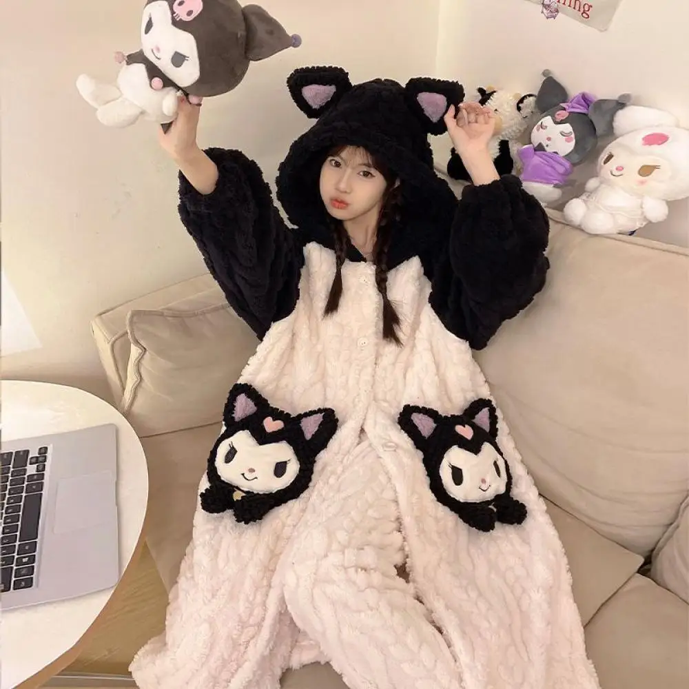 Anime Sanrio Kuromi Women's Nightgown Cute Coral Velvet Thickened Long Sleeve Warm Hooded Pajamas Autumn Winter Cartoon Homewear kawaii sanrio kuromi blanket anime flannel cover quilt bed sheet plus velvet thick soho student dormitory blanket christmas gift