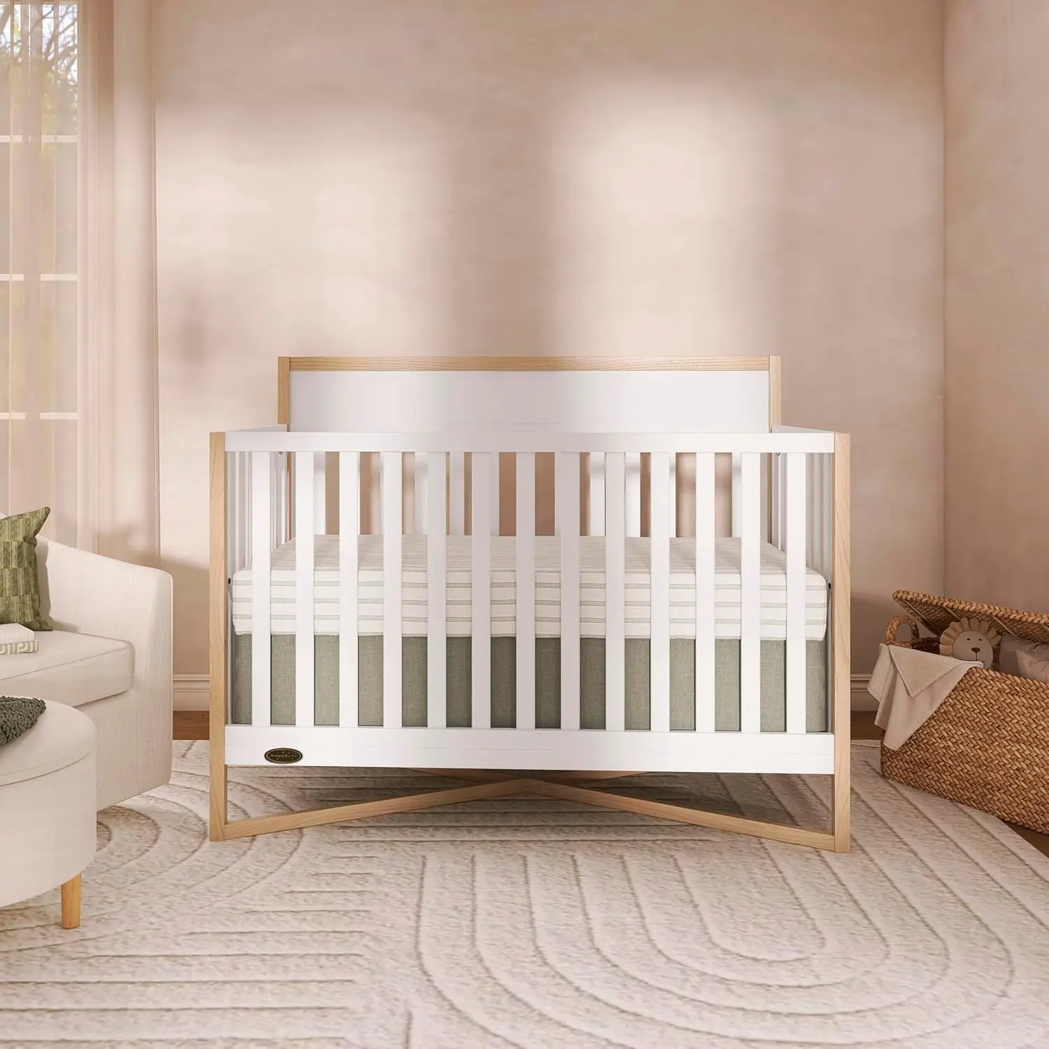 Owen 5-in-1 Convertible Full-Size Baby Crib in Vintage White Oak, GreenGuard Gold & JPMA, Converts to Toddler, Day, & Full-Size