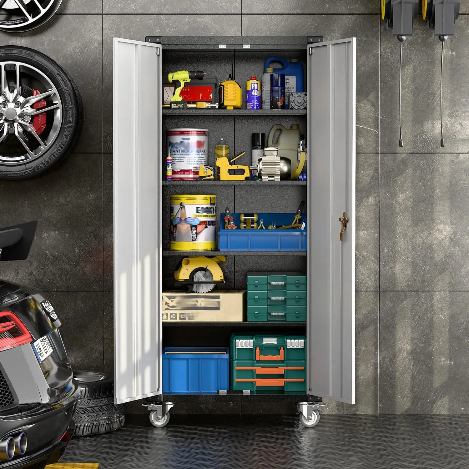 Garage Storage Cabinet with Wheels,72" Metal Storage Cabinet with 2 Doors and 4 Adjustable Shelves, Lockable Rolling Cabinet 4