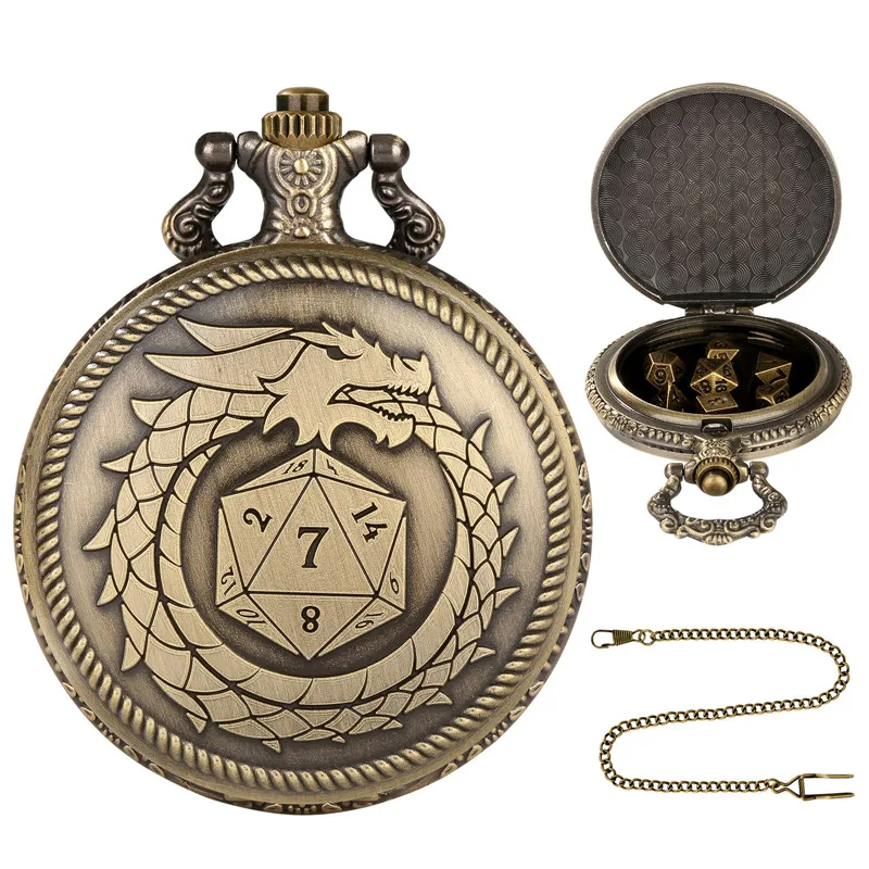 Antique Carved Dragon Pocket Watch Case Pendant FOB Chain 7pcs Metal Polyhedral Dice Role Play Gaming Accessory Dices