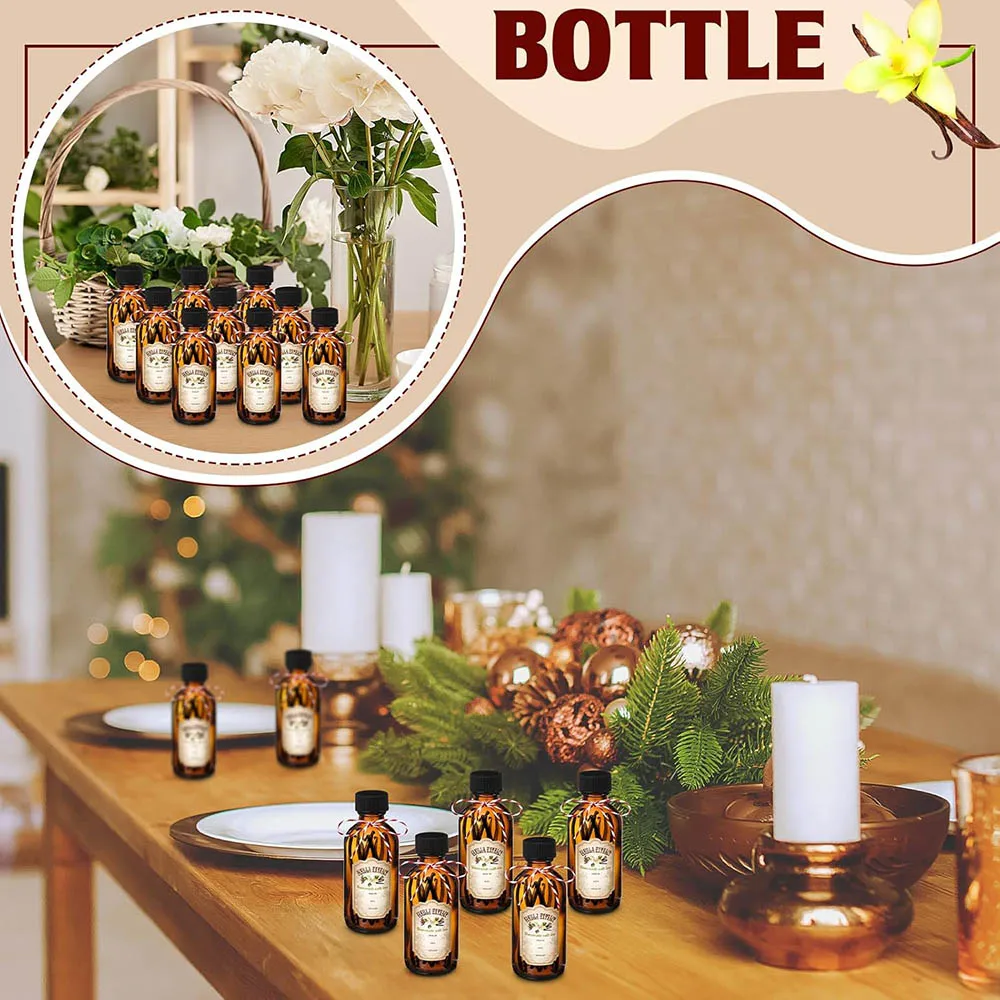 Amber Glass Bottle 2oz Boston Round Bottles with Caps for Vanilla Extract for Homemade Syrup Gift Food Storage Set 6