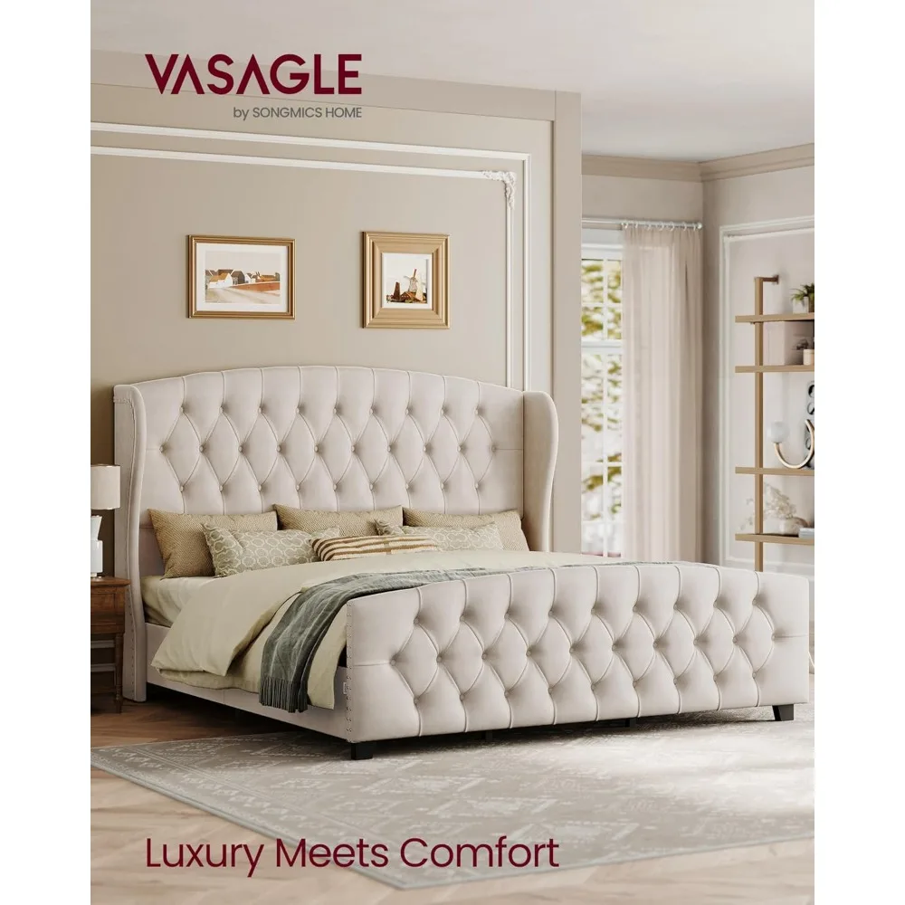 Bed Frame with Tall Headboard,Upholstered Platform Bed Frame King Size,with Wingback Tufted Headboard and Footboard,Wooden Slats 5