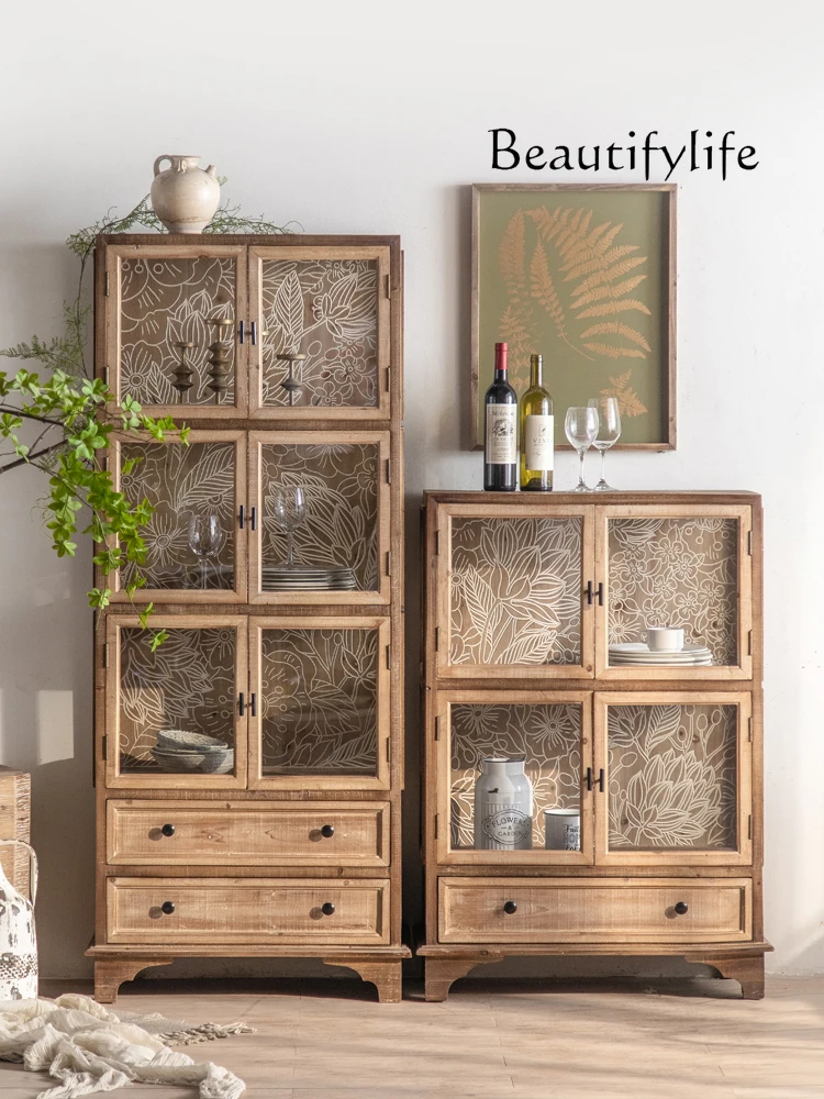 

American Style Sideboard Cabinet Solid Wood Carved Vintage Silent Wind Showcase