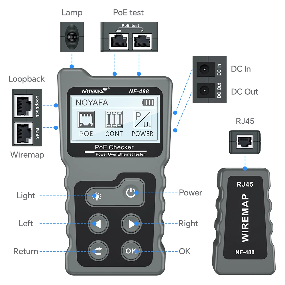 Noyafa LCD Network Cable Tester Lan Test PoE Checker NF-488 Inline PoE Voltage Current Tester With Cable Tracker the Ethernet network cable tester