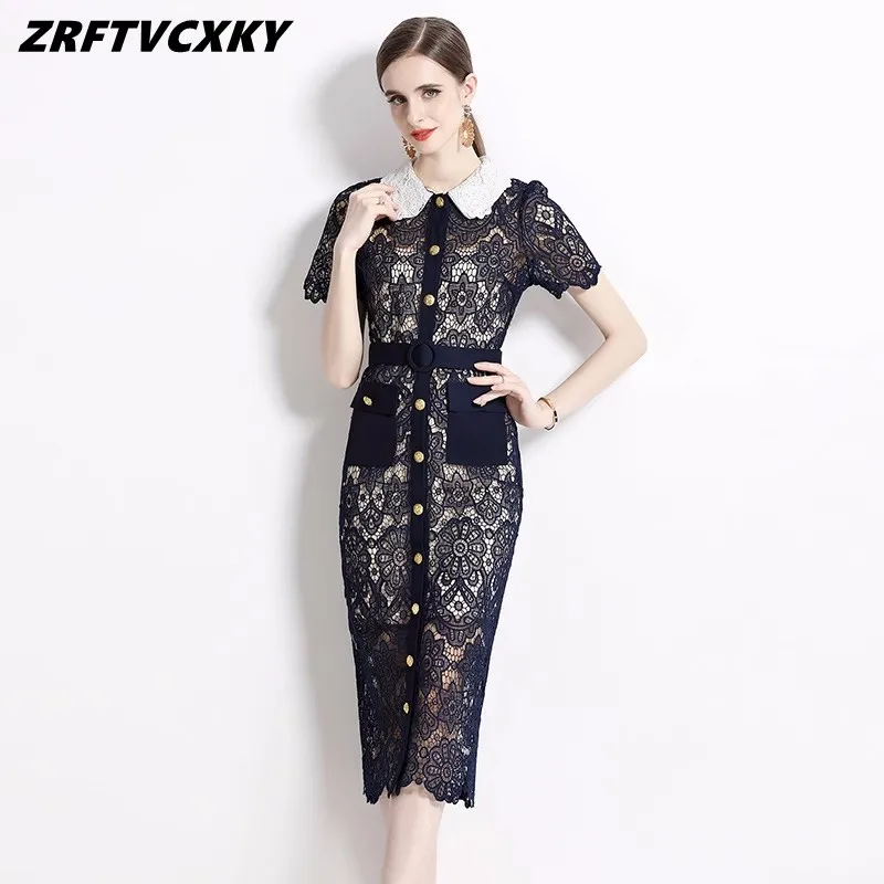 

Designer Luxury Hollow Out Lace Midi Dress For Women Summer Short Sleeve Single Breasted Belt Pockets Slim Party Vestidos Robes