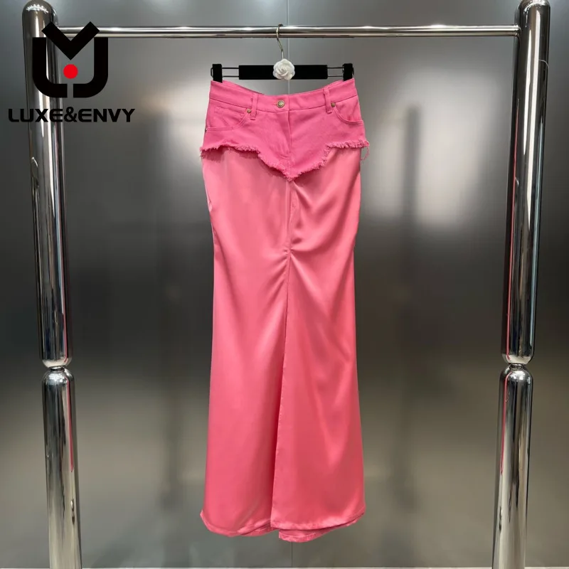 

LUXE&ENVY 2023 Summer New Denim Patchwork Acetate Fabric Knee-length Solid Color High Waist All-match Skirts Women