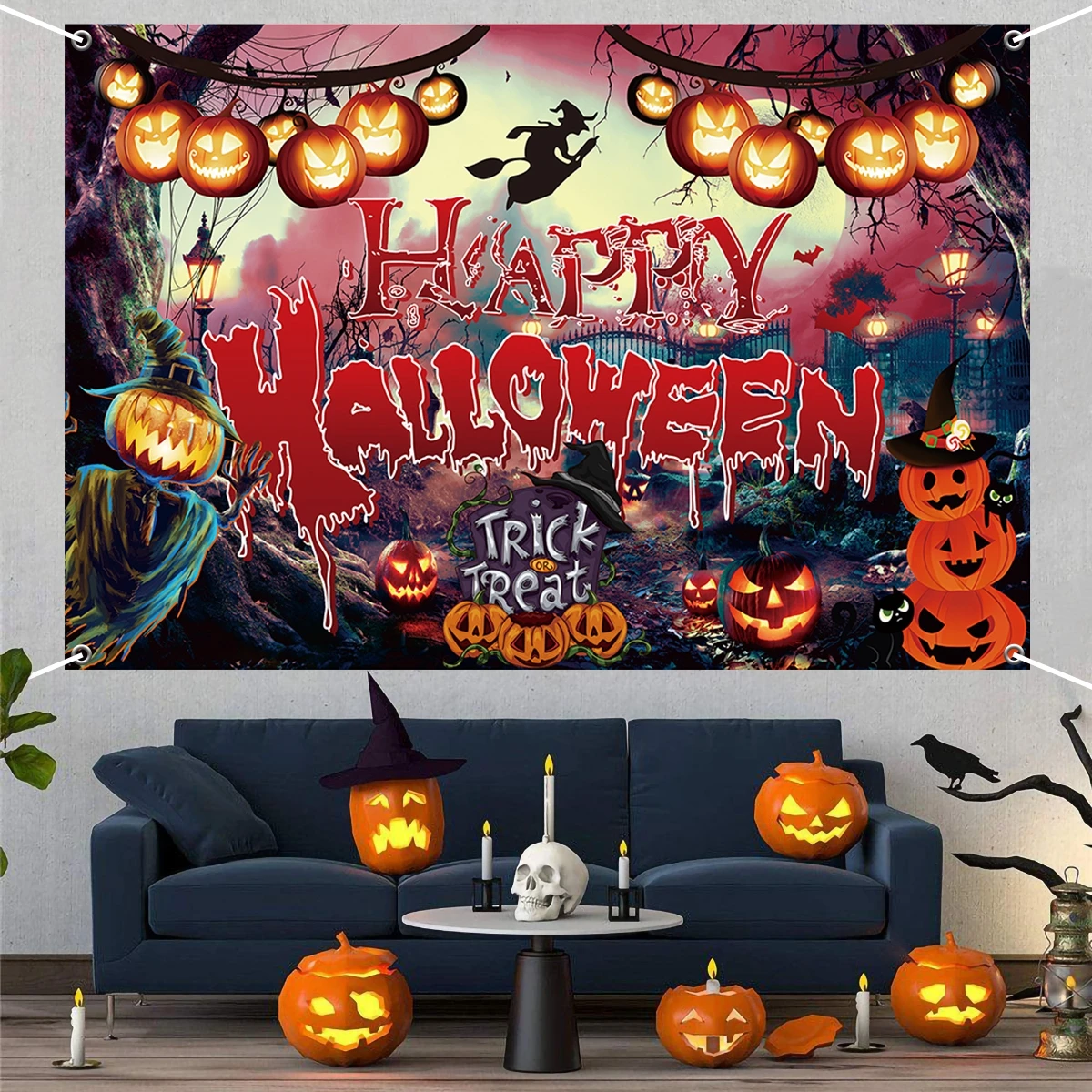 Description Picture 5 of itemHalloween Night Party Backdrop Scary Skull Blood Pumpkin Lantern Zombie Ghost Witch Castle Baby Portrait Photography Background