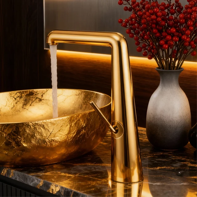 ก๊อกน้ำห้องน้ำหรูหราทันสมัยสีโรสโกลด์แบบรูเดียวพร้อมวาล์วเซรามิก โครงสร้างทองเหลืองแท้ น้ำร้อนและน้ำเย็น 2