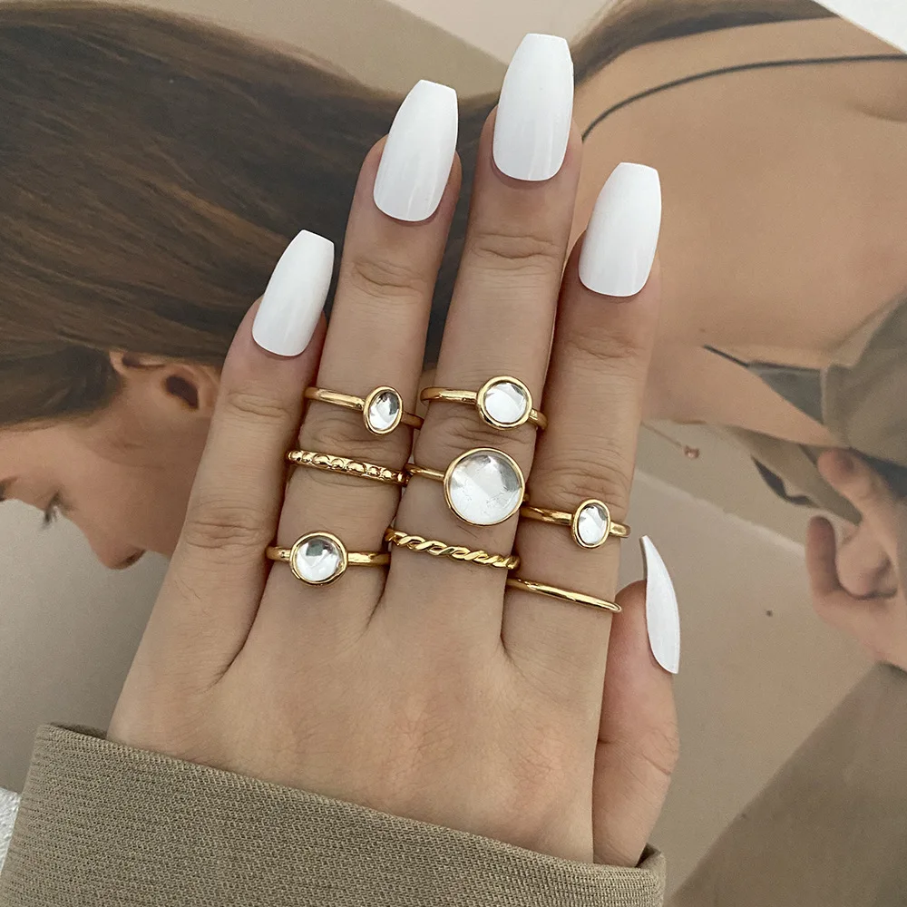

New Simple Fashion Temperamental Cold Style Color Index Finger Ring Combination Eight-Piece Set Ring