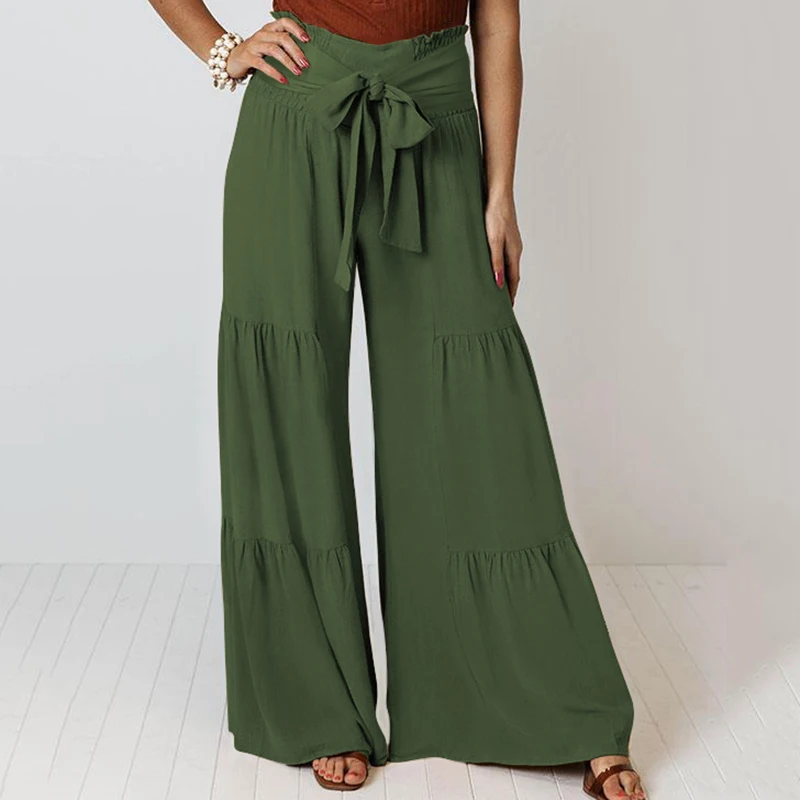 

Elegant Ruched Solid Color Pants Women Elastic Waist with Straps Lace Up Wide Leg Trouser Causal Loose Comfor Holiday Pants Lady