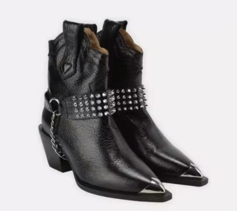 

Retro Metallic Rivets Chains Embellished Chunky Heels Mid-calf Boots Women Black Leather Pointed Toe Slip-on Party Runway Shoes