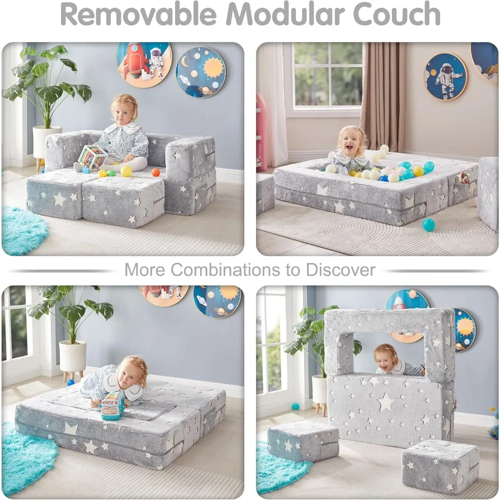 Kids Play Couch, Glow in The Dark Star Patterns Toddler Modular Sofa, Convertible Baby Fold Out Play Foam and Floor Cushion 3