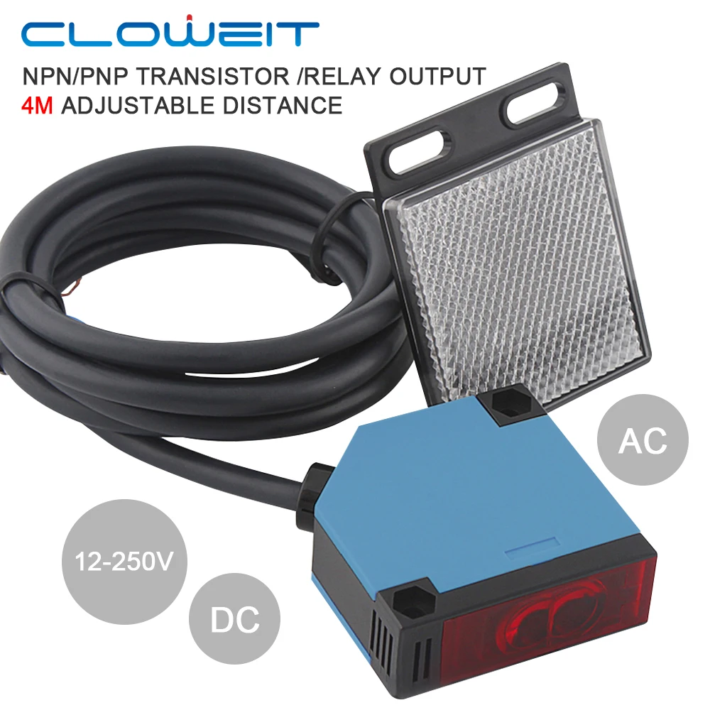 Cloweit-Interruptor de Sensor de proximidad eléctrico, foto reflectante Retro, salida de relé, 4m, DC24V, AC250V, 12-250V, Transistor/relé NPN/PNP